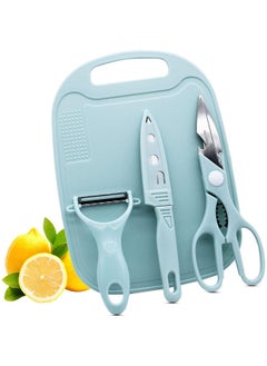 Buy 4 Pcs Travel Cutting Board Set, Portable Mini Camping Plastic Cutting Board Set & Stainless Steel Knife with Sheath, Fruits & Vegetable Peeler Scissors (Blue) in Saudi Arabia