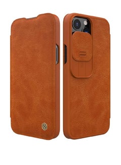 Buy Qin Pro Flip Leather Wallet With Card Holder And Slide Camera Protection Case Cover For iPhone 13 Pro Max Brown in UAE