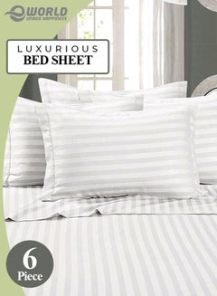Buy 6-Piece Premium King Size Bedding Set, White Striped Design and High Quality Cotton Hotel Luxury Bedsheet Soft Quilt Cover and Pillowcases in UAE