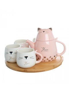 Buy 7 Pieces Ceramic Tea Set Pink White Color in Saudi Arabia