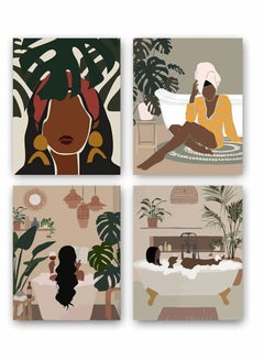 اشتري Art Painting, Modern Minimalist Black Woman Leaf Set of 4 Fashion Pop Boho Queen Girl Room Poster Painting Female Bathroom Bedroom Dressing Room Wall Home Decor Frameless (7.9”X11.8'') في الامارات