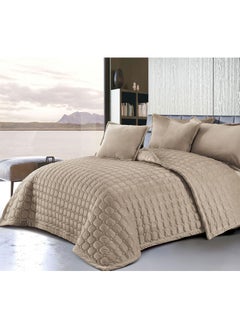 Buy 4 Pieces Soild Color Comforter set For All Season Velvet Bedding Set Single Size 160x210 Cm Classical Double Side Small Box Stitched Pattern Beige in Saudi Arabia