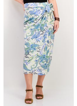 Buy Women Floral Print Wrap Front Midi Skirt, Blue/White Combo in UAE