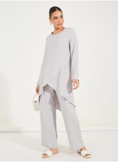 Buy Solid Layered Hem Top & Wide Leg Pants Modest Set in Saudi Arabia