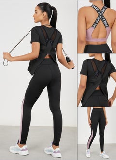 Buy Pack of 3 - Mesh Panel Top, Colorblock Sports Bra & Active Leggings in Saudi Arabia