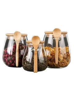 Buy 3pcs Glass Jar Canister Pot With Wooden Bamboo Lid Food Storage Container And Spoon For Spices 350ml, 600ml, 1000ml in UAE