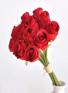 اشتري 1 Bundle for 12-Piece Artificial Roses Silk Bridal Wedding Bouquet Realistic Flower Red/Green 14 x 24 Centimeter في الامارات
