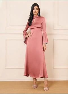 Buy Satin Embellished Trim Bell Sleeves A-Line Maxi Dress in Saudi Arabia