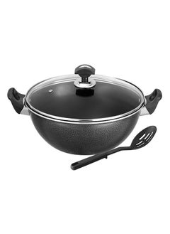 Buy Heavy Sonex Non Stick Cooking Wok Kadhai Karahi with Glass Lid and Spoon Durable Soft Handles 40 Cm Original Made In Pakistan in UAE