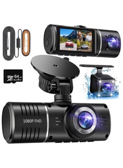 Buy 3 Channel Dash Cam , 1080P Dash Cam Front and Inside, Triple Dash Cam with Hardwire kit, Dash Camera with 64GB Card, HDR, G-Sensor, 24Hr Parking, Front Rear Dash Cam Loop Recording in Saudi Arabia