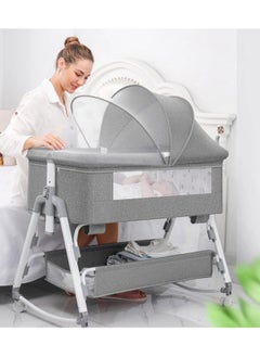 Buy Baby Bassinet bed With Large Storage Basket, Side Mesh Portable Infant Travel Crib,Adjustable Height Soft Mattress with Swivel Wheels mosquito net in UAE