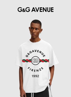 Buy Men's retro oversized T-shirt with letter pattern printed round neck short top, street clothing, cotton short sleeves Heavy cotton fabric in Saudi Arabia