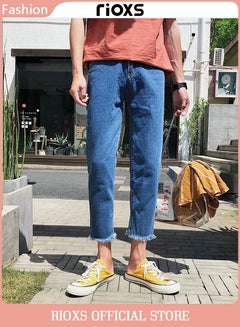 اشتري بنطلون جينز رجالي فضفاض غير رسمي بقصة مستقيمة من قماش الدنيم بنطلون أزرق في الامارات