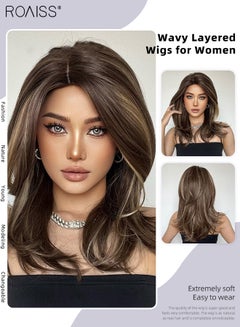 Buy Wavy Layered Wigs for Women, Natural Soft Synthetic Heat Resistant Hair Wig with HightLights for Wedding Cosplay Party Daily Wear, Brown Mixed Blonde, 55cm (22 inches) in Saudi Arabia