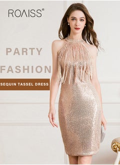 Buy Banquet Party Dress for Women Evening Dresses Halter Neck Sequins Knee-Length Sleeveless Prom Ball Gown Wedding Elegant Slim Formal Dresses Bridesmaid Dress in Saudi Arabia