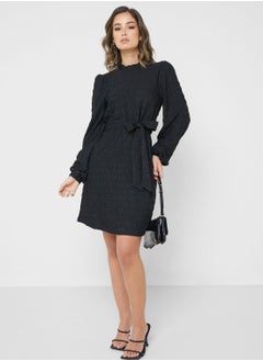 Buy Balloon Sleeve Tie Detail Dress in UAE