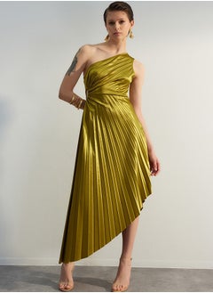 اشتري Light Green Asymmetrical Pleat Detailed Knitted Satin Evening Dress TPRSS23EL00557 في مصر