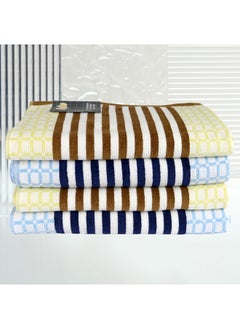 اشتري 4 Piece Bathroom Towel Set HYDRO 420 GSM 100% Cotton Velour 4 Bath Towel 70x140 cm Blue & Yellow Color Modern Stripe Design Luxury Touch Extra Absorbent في الامارات