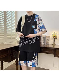 اشتري Mens Casual Short Sleeve Printed Suit F22 suit-Black في السعودية