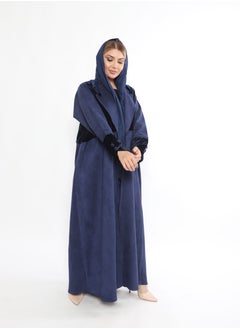 Buy ًWinter Abaya in Blue Color Made from Shamwa Fabric with Makhmal Design and Buttons in Saudi Arabia