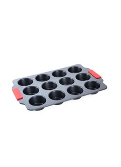 Buy 12-Piece Carbon Steel Muffin Pan With Soft Touch Silicone Grip Black/Red 30x18x3cm in Saudi Arabia