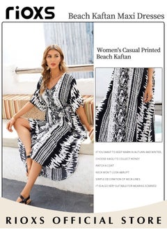 Buy Women's Casual Printed Beach Kaftan Maxi Dresses Short Sleeve Quick Dry Loose Plus Size Long Swimsuit Cover Ups in Saudi Arabia