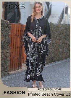 Buy Women's Casual Printed Beach Cover Ups Short Sleeve Kimono Cardigan Loose Beach Swimsuit Dress in UAE