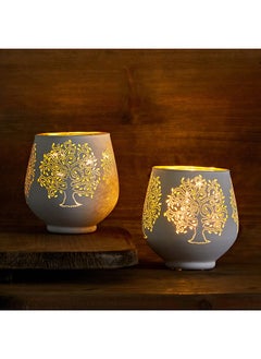 Buy Evren 2-Piece Cutwork Tealight Candle Holder Set with LED Lights 9 x 9 x 9 cm in UAE