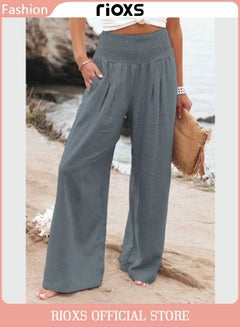 Buy Women Casual Wide Leg Cotton Linen Trouser Comfy Elastic High Waist Pant With Pockets in Saudi Arabia