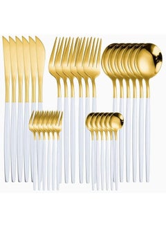 اشتري Set of 30 Stainless Steel Tableware Kitchen Set Dinnerware Spoon Fork Knife Dinner Set Tableware Golden Cutlery في الامارات