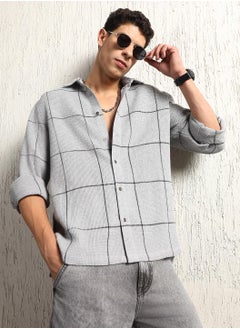 Buy Oversized Cotton Casual Check Waffel Double Pocket Full Sleeve Shirt in UAE