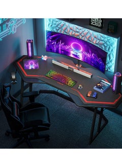 اشتري Ergonomic Gaming Desk, Home Office Gamer Desk, Computer Table with Large Carbon Fiber Desktop, 63 Inch Office Workstation with Mouse Pad, Cup Holder & Headphone Hook, Black في السعودية