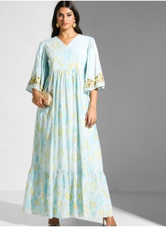 Buy V-Neck Flared Sleeve Printed Dress in UAE