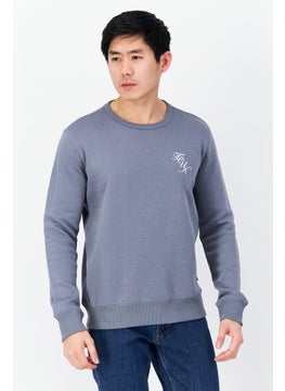 Buy Men 2 Pcs Crew Neck Long Sleeve Brand Logo Sweatshirt, Slate Blue/Khaki in Saudi Arabia