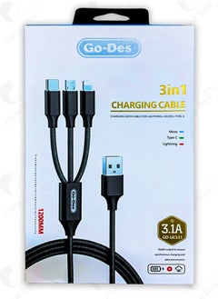 Buy Go-Des Multi Charging Universal Cable 3 IN 1 l USB to Type C l Micro USB l Lightning Connector l Nylon Braided l 3.1A Ultra Fast Data Transfer l Compatible With Apple/Android l 1200 MM Length l Black in Saudi Arabia