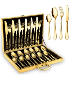 Buy 24-Piece Stainless Steel Cutlery Set with Premium Wooden Box (Golden) - Ideal Tableware, Flatware, Dinner Set for 6 - Includes Spoon Set, Knife Set, Fork Set in Saudi Arabia