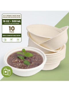 Buy Ecoway Compostable Heavy Duty Made Of Bagasse Cane Fibers - [17 Ounce - 500 Ml, Pack Of 10] Disposable Bowls Eco-Friendly Biodegradable Perfect For Salad, Soup, Dessert, Hot or Cold Use, White in UAE