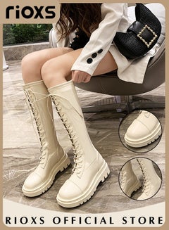 Buy Women's Over The Knee High Boots Ladies Fashion Casual Leather High Elastic High Boots Side Zipper Lace Up Thick Mid-heel Rider Boots Long Tube Knee-Length Boots in Saudi Arabia