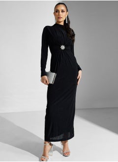 Buy Mock Neck Buckle Belted Dress in UAE