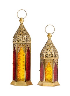 اشتري HilalFul Brass Antique Yellow/Red Glass (Set of 2) Decorative Candle Holder Lanterns | Home Decor in Eid, Ramadan, Wedding | Living Room, Bedroom, Indoor, Outdoor Decoration | Islamic | Moroccan في الامارات