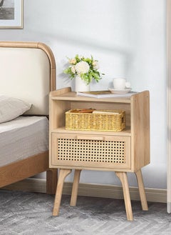 اشتري SHARPDO Rattan Nightstand, Boho Side Table with Drawer Open Shelf, Cane Accent Bedside End Table with Solid Wood Legs for Bedroom, Dorm and Small Spaces (Natural) في السعودية