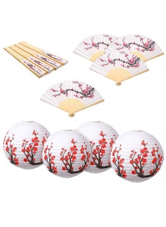Buy Cherry Blossom Paper Lanterns Folding Hand fan, 8 Pcs Cherry Blossom Decor Set, Including 4 Chinese Japanese Oiled Paper Lamp and 4 Handheld Silk Decorative Folding Fans for Wedding Party Favor in UAE