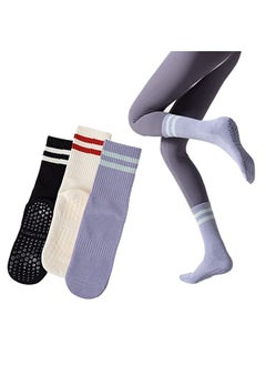 اشتري Non Slip Socks Women Fashion All Season Socks Sports Casual Simple Striped Colors for Pilates Yoga Barre Ballet Dance Fitness Football Hospital  Mid-Tube Socks Free Size 3-Pair في الامارات