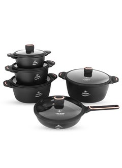 اشتري 10-Piece Cookware Set - Pots and Pan Set Induction Base, Titanium Granite Non Stick Coating 100% PFOA FREE, Kitchen Cooking Set with Stay Cool Handles (Black) في الامارات