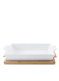 اشتري Natura Rectangular Baking Dish With Bamboo Base 800ml- White في الامارات