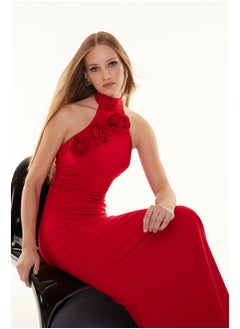 Buy Red Rose Detailed Body-Fitting Woven Long Elegant Evening Dress TPRSS24AE00011 in Egypt