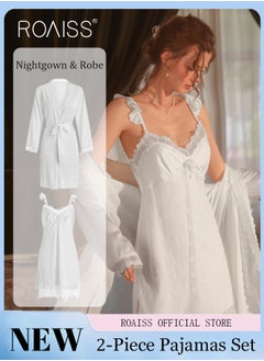 Buy 2 Piece Nightgown Set Women Sweet Nightdress Lace Lingerie Sleepwear Home Dress Set Romantic Elegant Pajamas Ladies Spring Autumn Robe Loungewear in Saudi Arabia