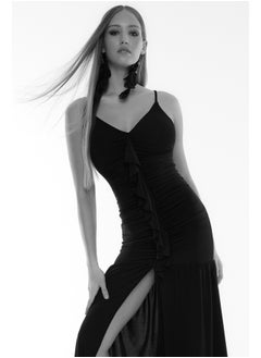 Buy Black Body-Sitting Ruffle Long Evening Dress TPRSS24AE00015 in Egypt