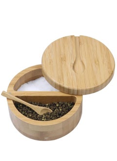 Buy Bamboo Salt and Pepper Bowl Box Cellar Container, Built-in Spoon to Avoid Dust, Swivel Lid with Magnetic Cover to Keep Dry, Mini Spoon Built-in Top, Bath Sea Salt Seasoning Holder in UAE