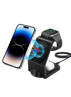Buy Magnetic Wireless Charging Station, 15W 3 in 1 Wireless Charger,Compatible with iPhone 14,13,12 Pro Max/Pro/Mini/Plus, Fast Wireless Charging Stand Dock for Apple Watch , Black in UAE